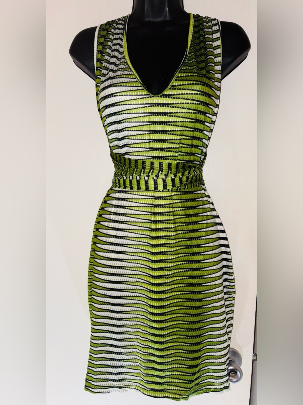 SHEIN Olive Green and White Striped Sleeveless V-Neck Dress